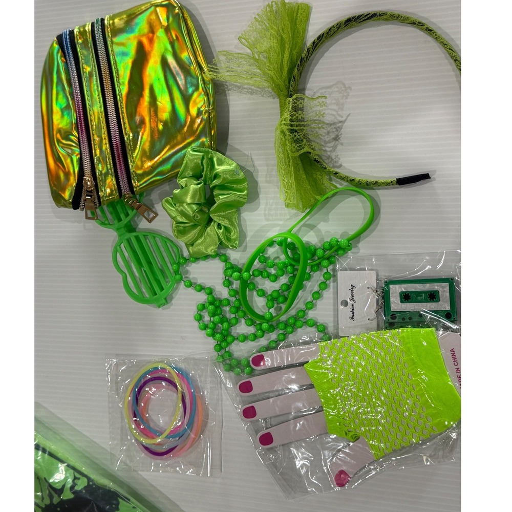 Neon Green 80s Costume Set Tutu Fanny Pack Fishnet Gloves Leg Warmers Accessory - Picture 3 of 3